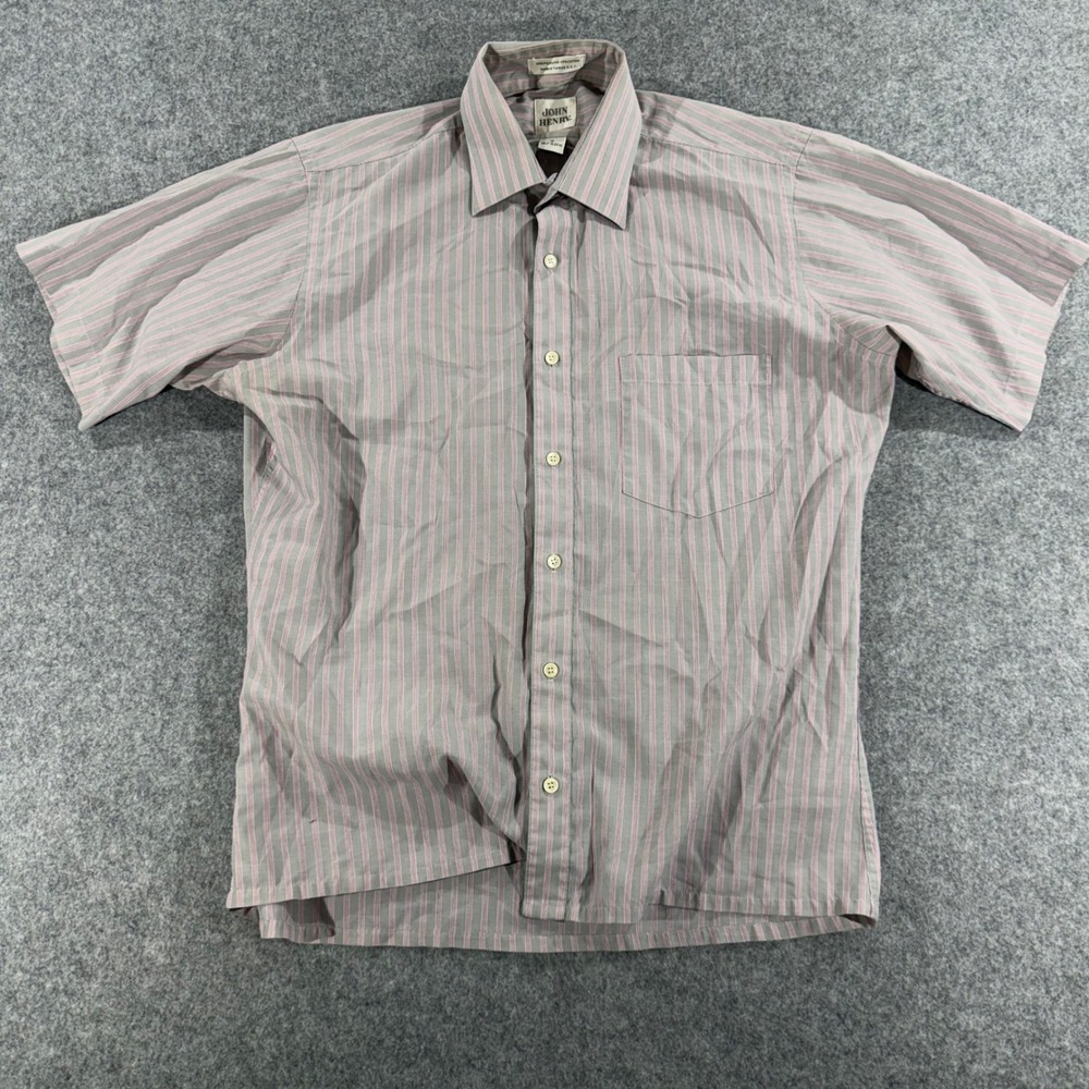 John Henry Mens Grey Burgundy Striped Short Sleeve Button Down Shirt Size 16